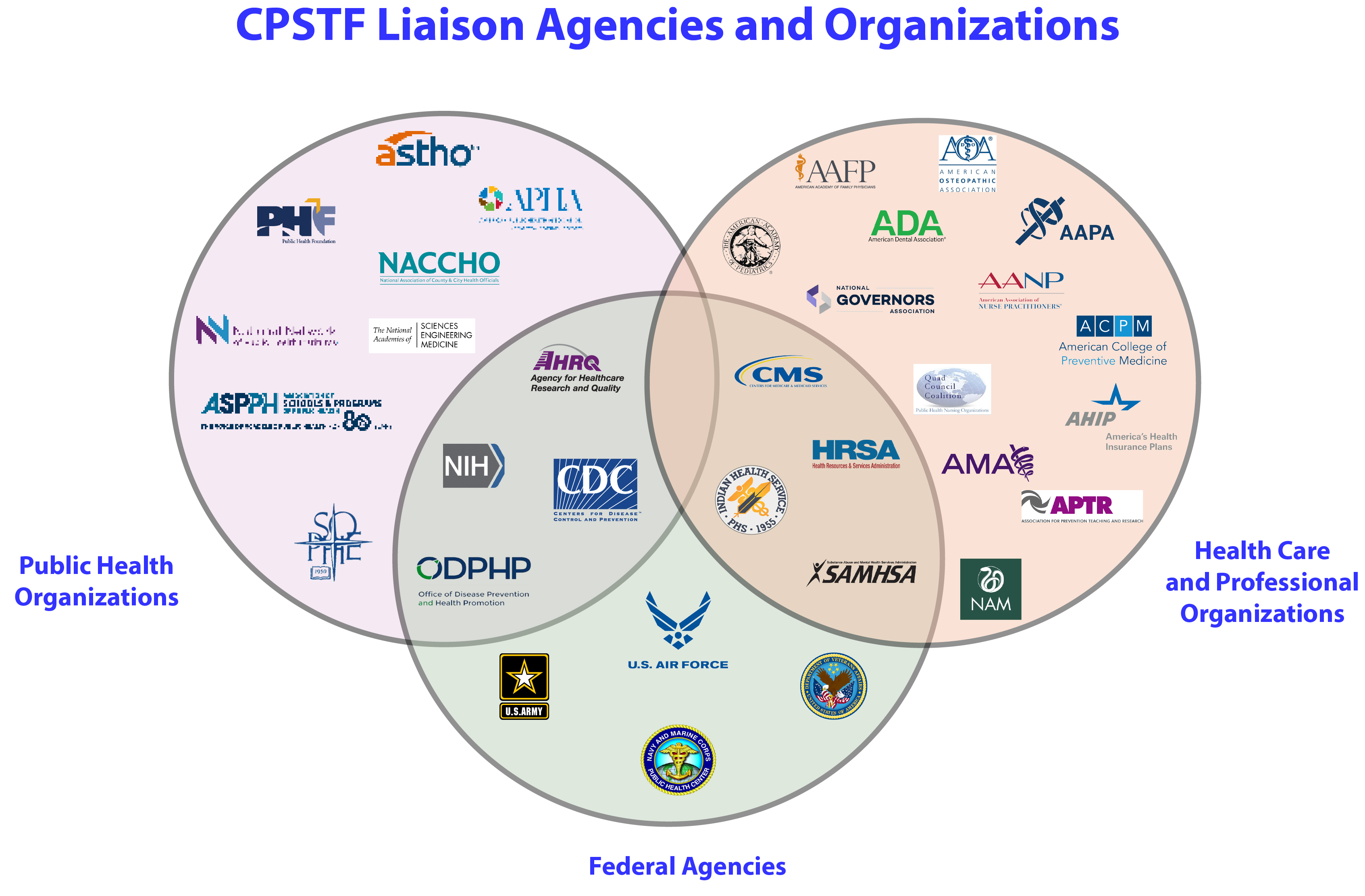 A Venn diagram showing the three types of liaisons to the CPSTF