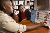 A community health worker discusses healthy eating with a patient.