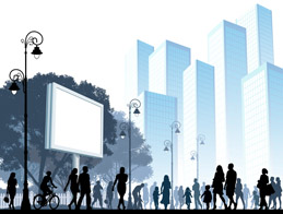 a cityscape scene with people walking past a large billboard