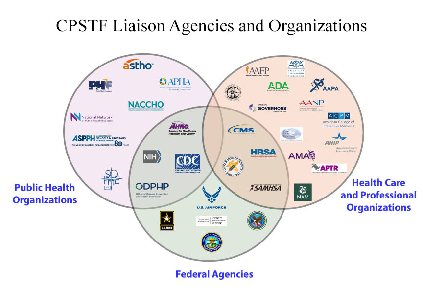 A Venn diagram showing the three types of liaisons to the CPSTF