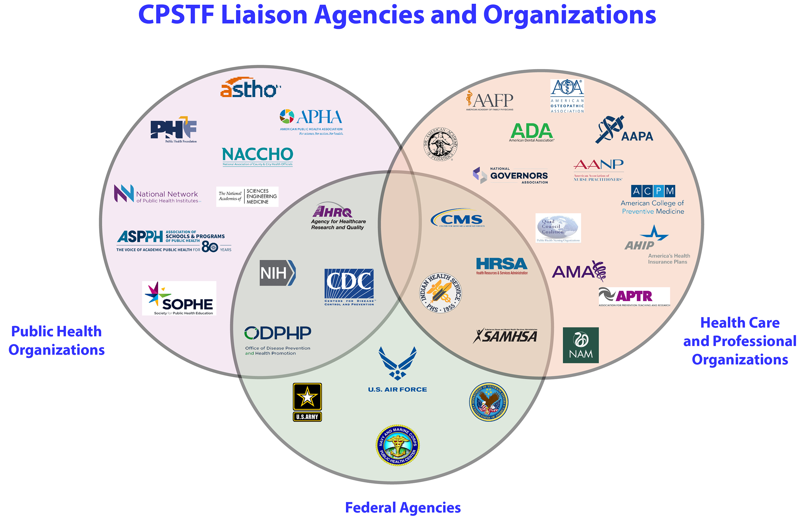 A Venn diagram showing the three types of liaisons to the CPSTF