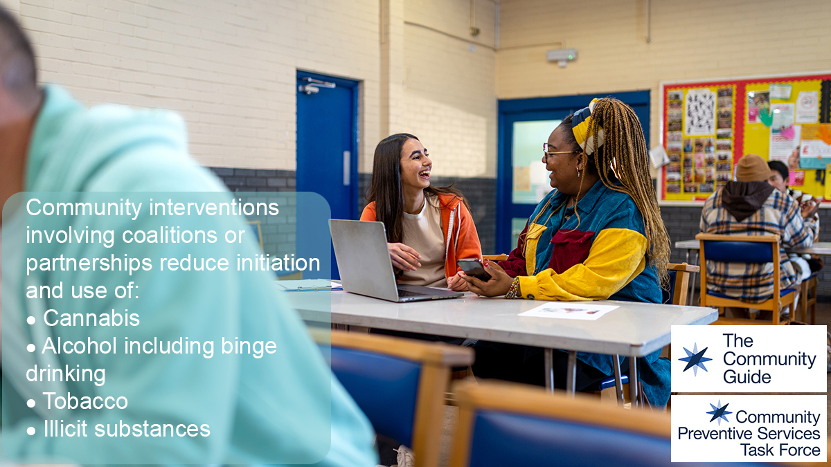 Use this image of two women talking to promote the CPSTF effectiveness finding for Community Interventions involving Coalitions or Partnerships to Prevent Substance Use among Youth on your social media accounts.