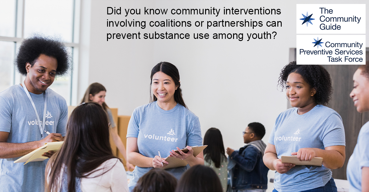 Use this image of a group of volunteers talking to young children to promote the CPSTF effectiveness finding for Community Interventions involving Coalitions or Partnerships to Prevent Substance Use among Youth on your social media accounts.