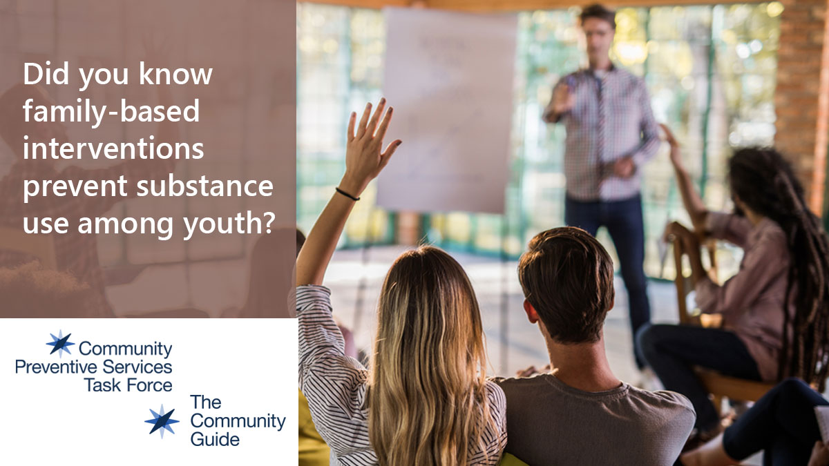 Use this image of a group of teens having a discussion to promote the CPSTF finding for Family-based Interventions to Prevent Substance Use Among Youth on your social media accounts.