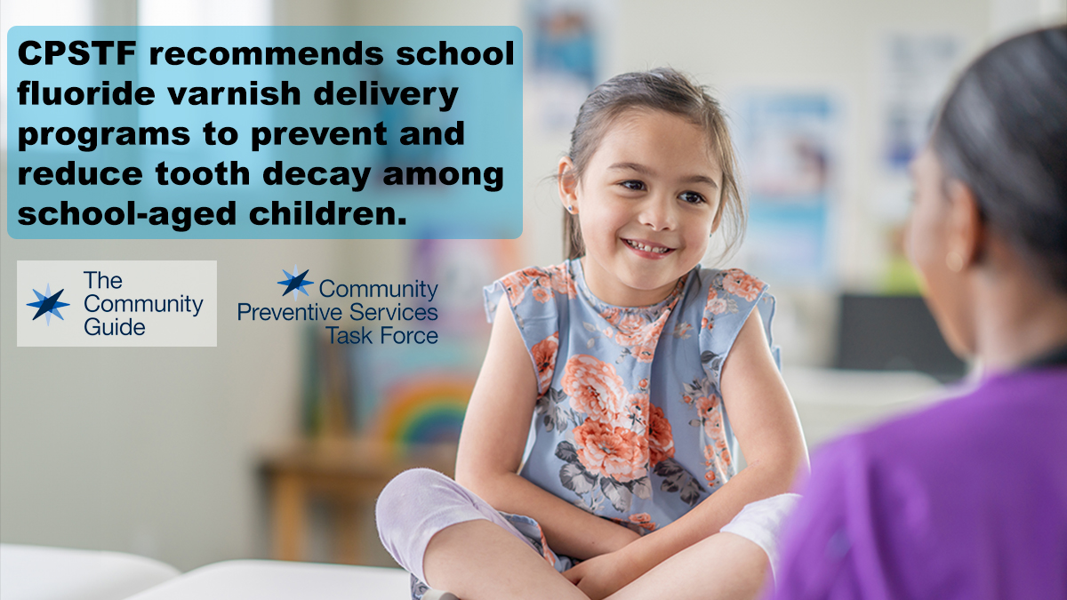 Use this image of a young girl talking to a health care professional to promote the CPSTF effectiveness finding for School Fluoride Varnish Delivery Programs on your social media accounts.