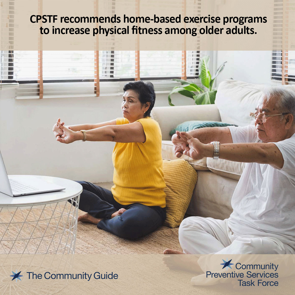 Use this image of an older Asian couple exercising to promote the CPSTF finding for Home-based Exercise Interventions for Adults Aged 65 years and Older on your social media accounts.
