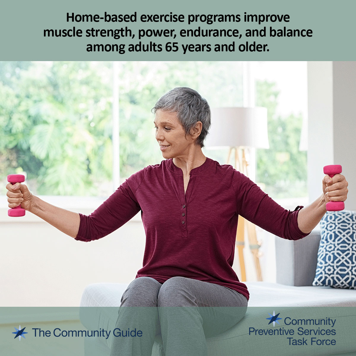 Use this image of an older woman exercising to promote the CPSTF finding for Home-based Exercise Interventions for Adults Aged 65 years and Older on your social media accounts.