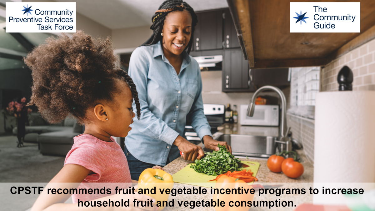 Use this image of a mother and daughter cutting vegetables for dinner to promote the CPSTF finding for Fruit and Vegetable Incentives on your social media accounts.