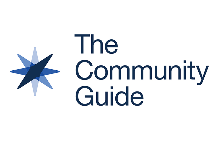 An eight point compass rose in three shades of blue next to the words The Community Guide