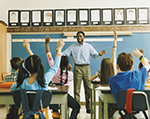 A teacher stands in front of a classroom full of students.
