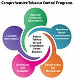 Graphic shows components of comprehensive tobacco control programs: state, community; mass-reach health comm; admin, management; surveillance, evaluation; cessation.